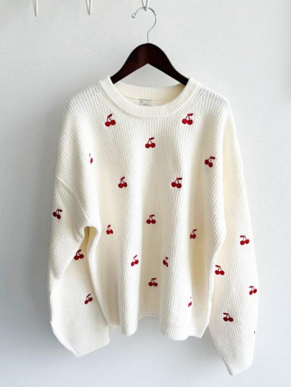 A New Day (Target brand) Cream Ribbed Cherry Embroidered Crewneck Sweater